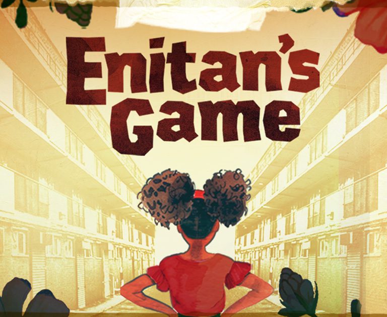 A promotional image for Enitan's Game. It features a young, Black girl wearing a red top looking out toward a row of houses, garages and a skyscraper. The image is framed by flowers growing from the sides.