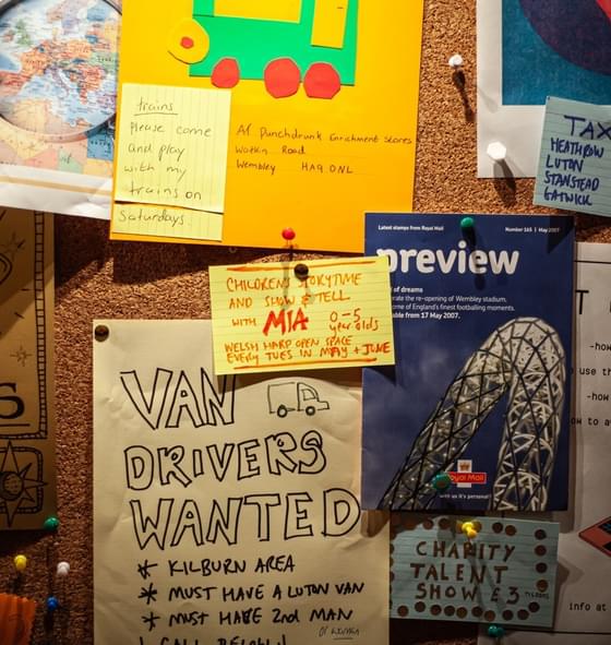 A noticeboard of flyers and leaflets advertising various jobs and events in and around Brent.